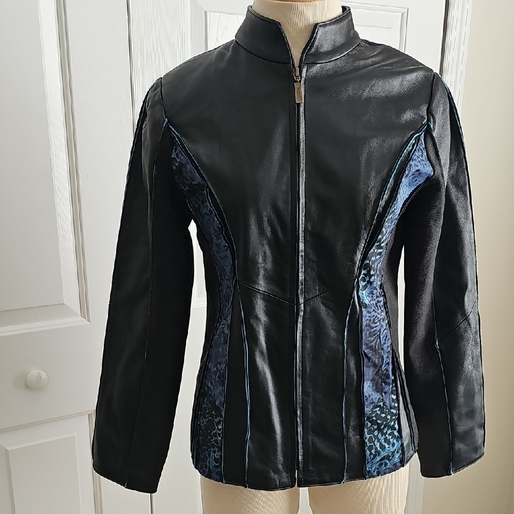 Koos‎ Leather And Fabric Jacket. Like New. Black and Blue. Size XS